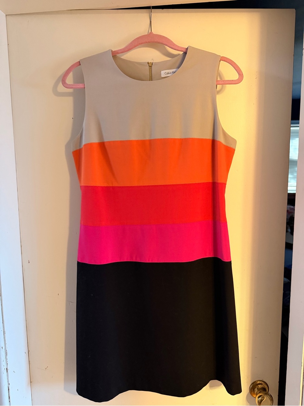 Calvin Klein Sleeveless Colorblock Shift Dress in Beige, Orange, Pink & Black